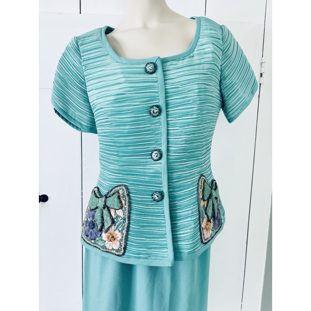 Vintage Blue Hand Beaded 2 Piece Skirt Top Suit George F. Couture Size 10 Dress